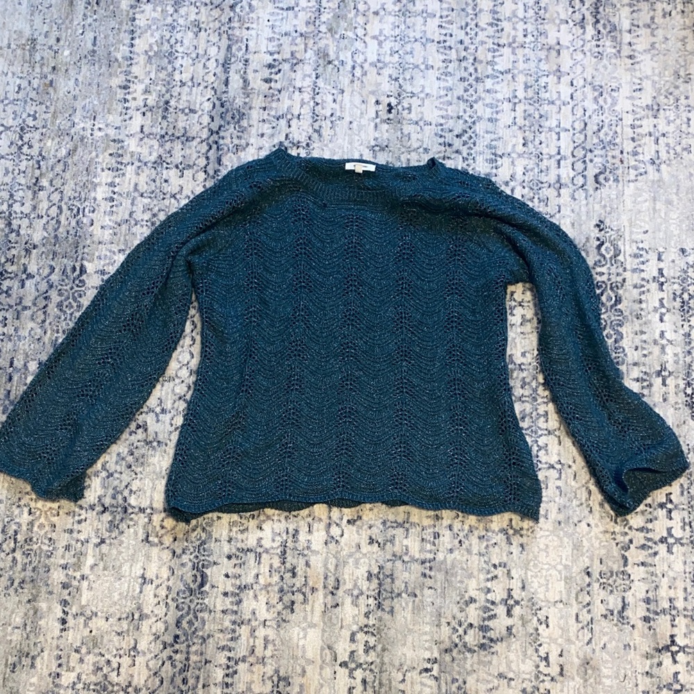 Teal Open-Knit Scalloped Long Sleeve Women's Sweater